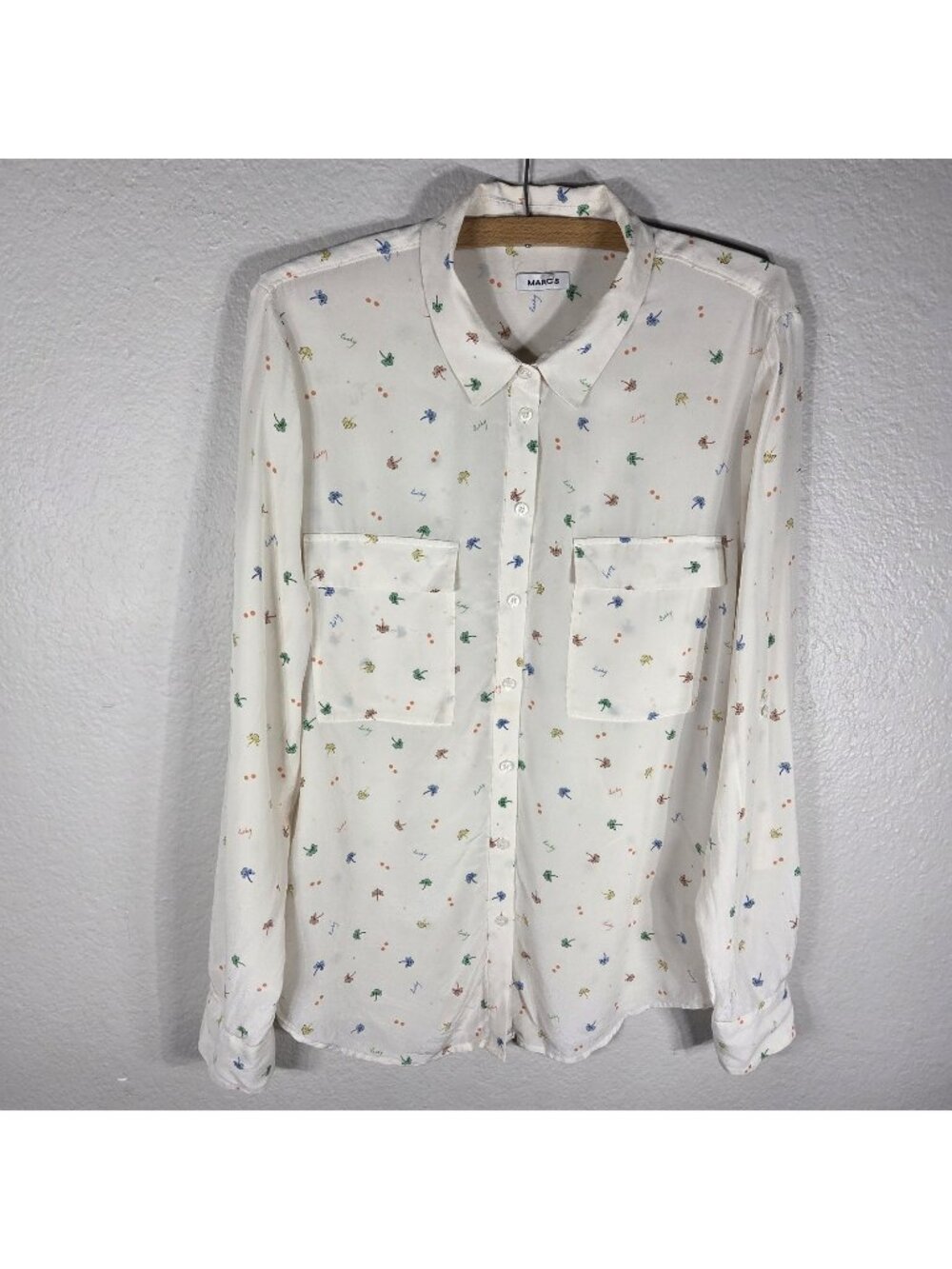 Marcs Clover Lucky Print 100% Silk Button Up Shirt Ivory Size 14 RollTab Sleeve
